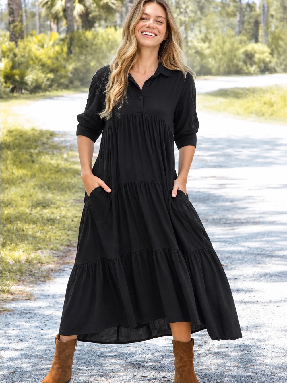 Natural Life Rebecca ButterSoft Black Tiered Midi Dress Pockets NWT Large